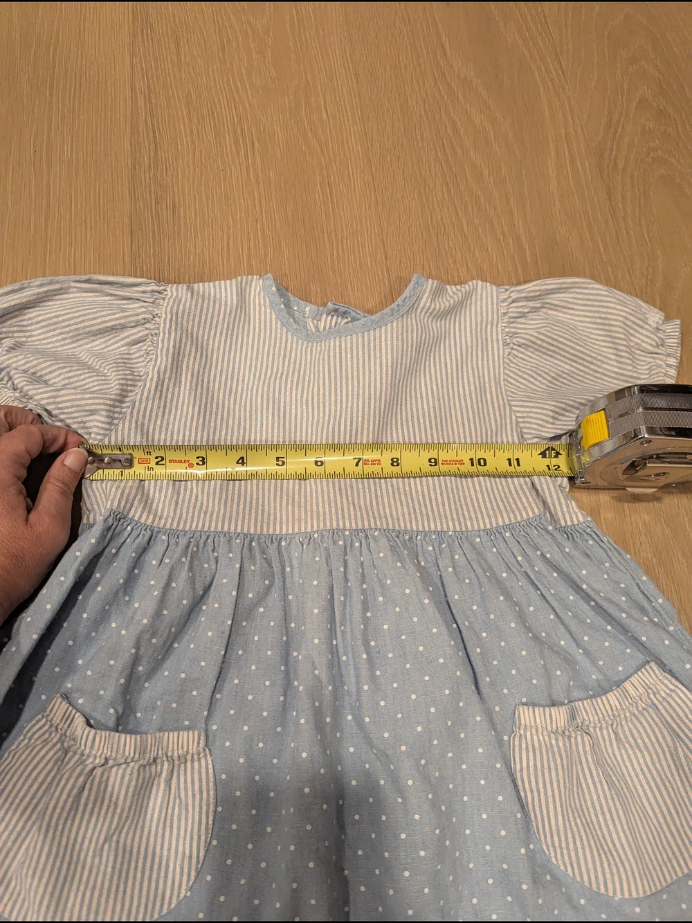 Vintage OshKosh Light Blue Polka Dot Kids Dress with Striped Accents